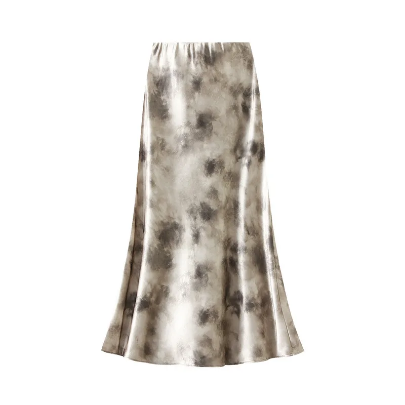 New In Chinese Style Ink Print Satin Long Skirts Women's 2025 Spring Summer Elegant High Waist Faldas