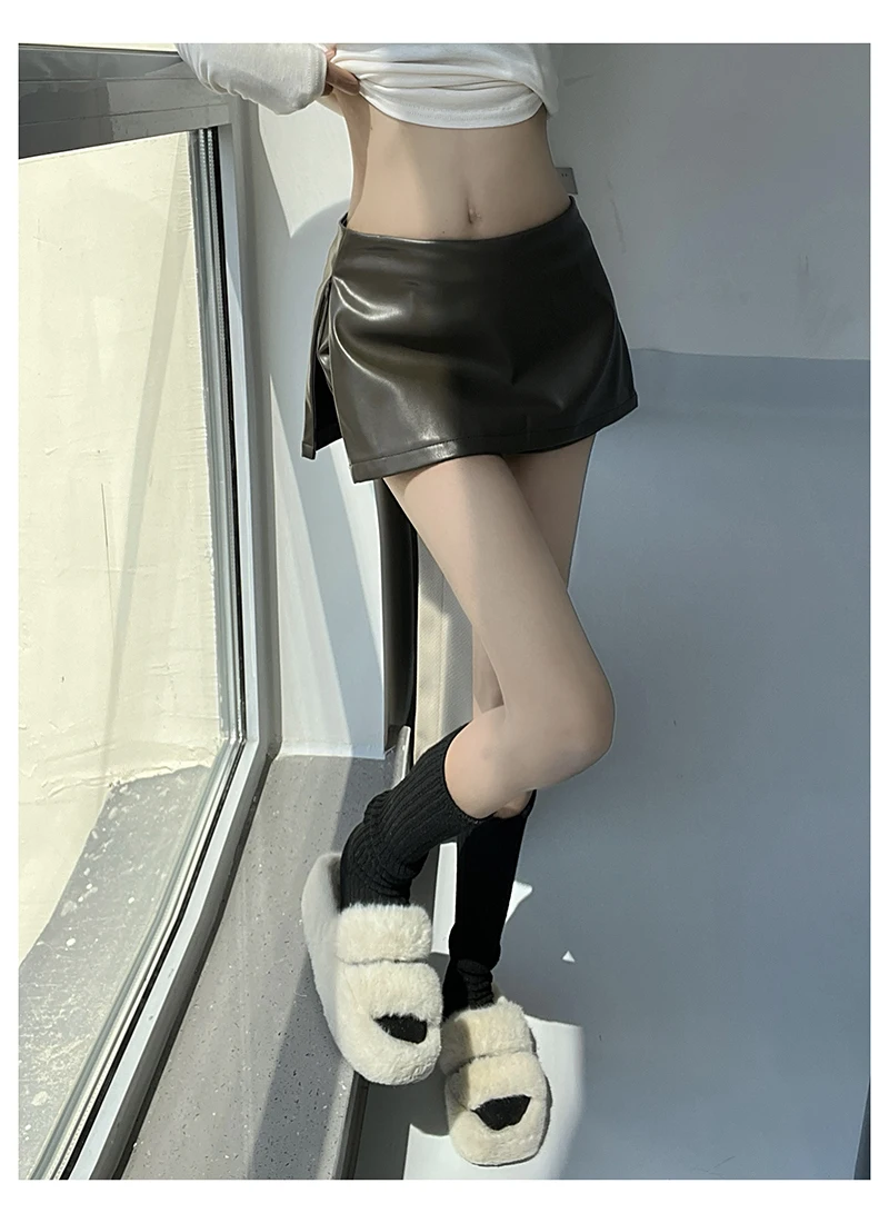 Summer Faux Leather Mini Skirts With Safety Shorts PU Skirts For Woman Low Waist Skirts Luxury Designer Slit Pencil Skirts Brown