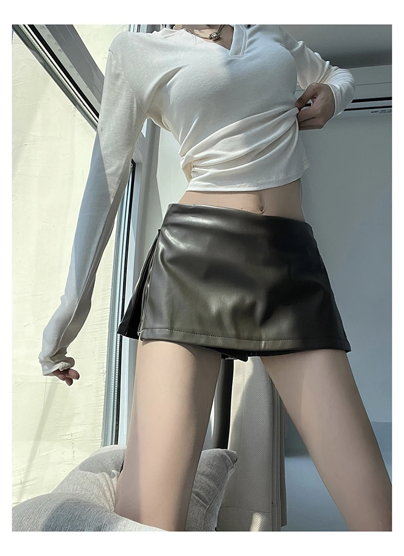 Summer Faux Leather Mini Skirts With Safety Shorts PU Skirts For Woman Low Waist Skirts Luxury Designer Slit Pencil Skirts Brown