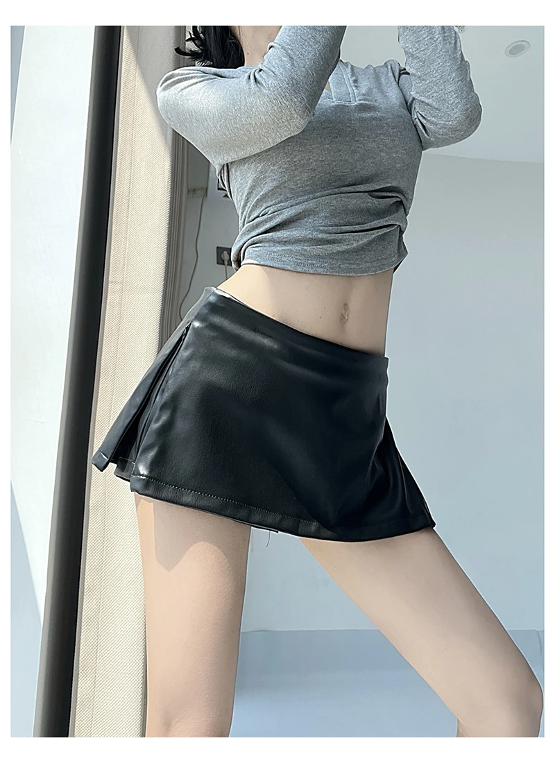 Summer Faux Leather Mini Skirts With Safety Shorts PU Skirts For Woman Low Waist Skirts Luxury Designer Slit Pencil Skirts Brown