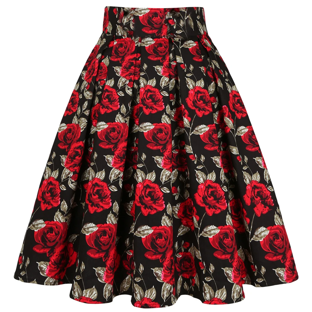 3XL High Waist Floral Rockabilly Pleated Skirts Womens Summer Red Rose Flower Bohe 50s 60s Vintage Skirt Midi Oversized Clothing