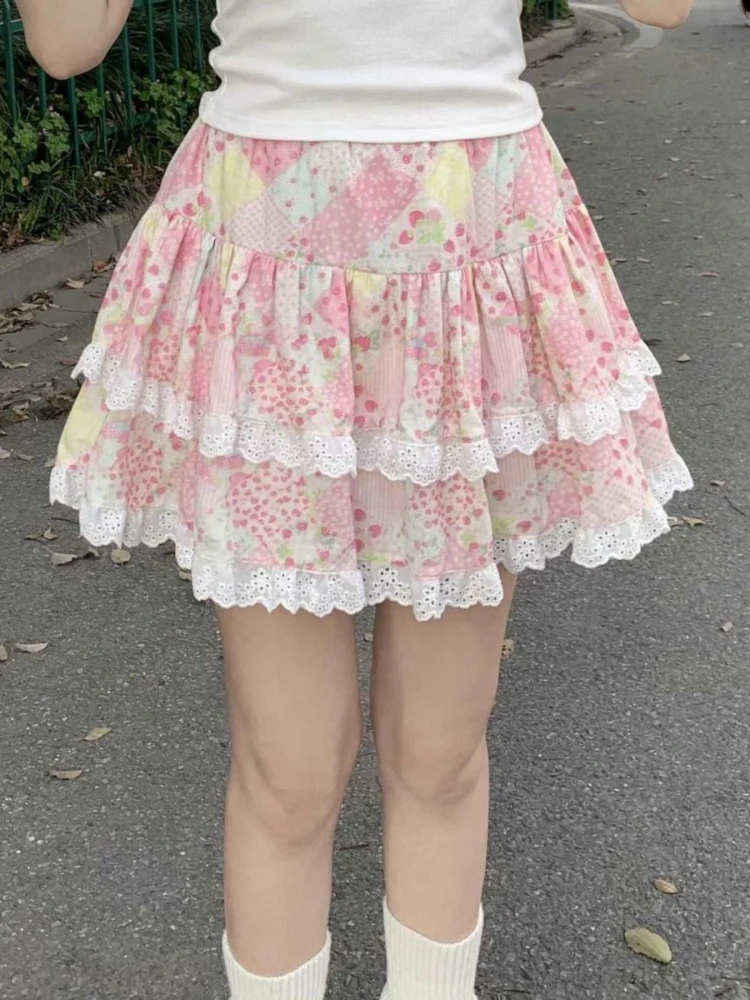 Japanese Kawaii Skirts Women 2000s Vintage Y2k Clothing Pink A-line Slim Lolita Mini Skirts Sweet High Waist Lace Outfits Summer