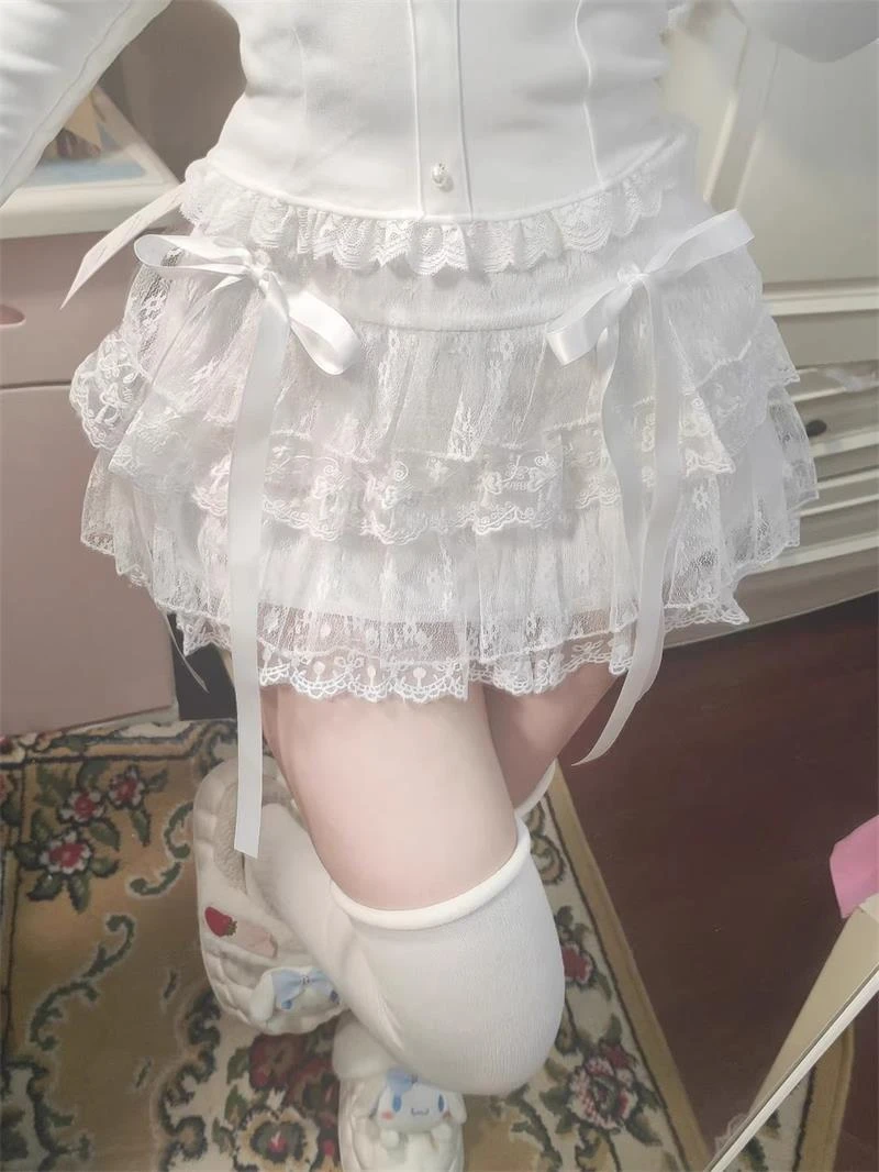 Japanese Kawaii Skirts Women 2000s Vintage Y2k Clothing Pink A-line Slim Lolita Mini Skirts Sweet High Waist Lace Outfits Summer