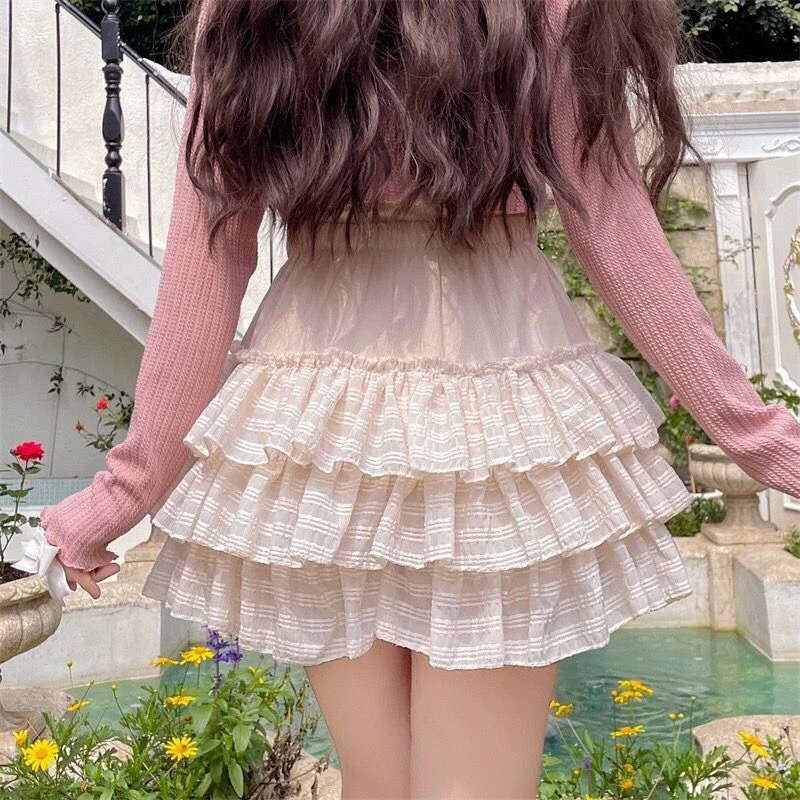 Japanese Kawaii Skirts Women 2000s Vintage Y2k Clothing Pink A-line Slim Lolita Mini Skirts Sweet High Waist Lace Outfits Summer