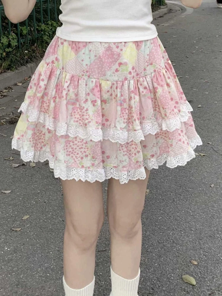 Japanese Kawaii Skirts Women 2000s Vintage Y2k Clothing Pink A-line Slim Lolita Mini Skirts Sweet High Waist Lace Outfits Summer