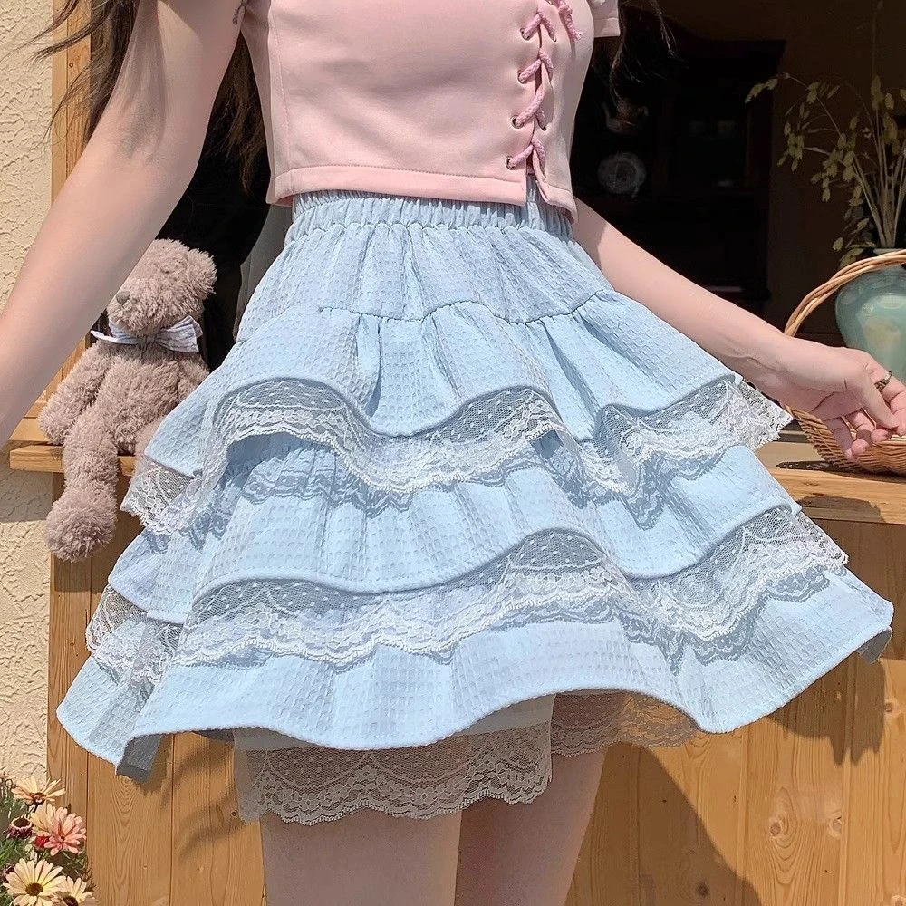 Japanese Kawaii Skirts Women 2000s Vintage Y2k Clothing Pink A-line Slim Lolita Mini Skirts Sweet High Waist Lace Outfits Summer