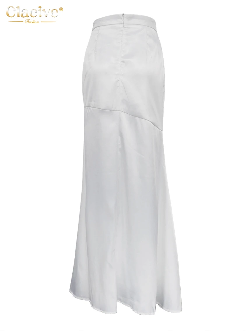 Clacive Sexy Loose White Satin Skirts For Women 2024 Fashion High Waist Long Skirt Elegant Chic Slit Skirt Female Clothing