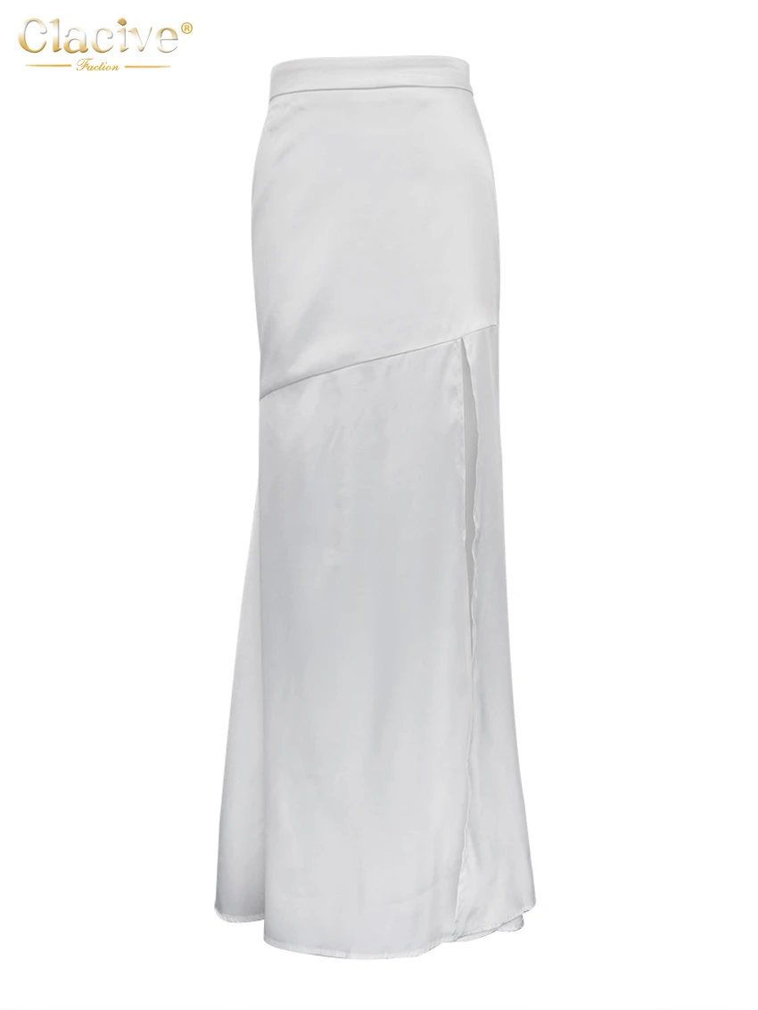 Clacive Sexy Loose White Satin Skirts For Women 2024 Fashion High Waist Long Skirt Elegant Chic Slit Skirt Female Clothing
