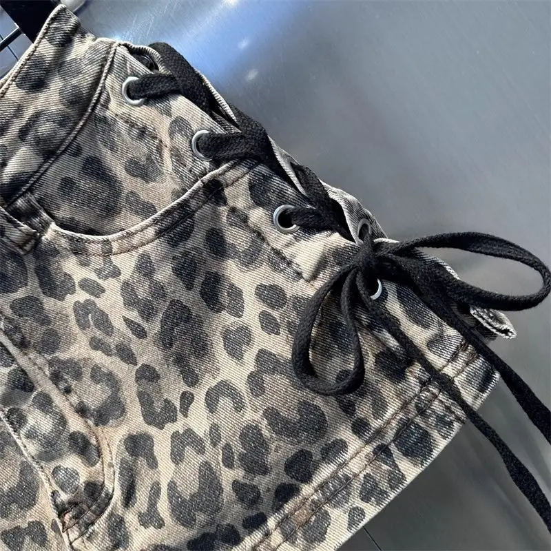 Design Sense Straps Spice Girl Hip Skirt Women 2026 Summer Retro High Street Leopard Print Denim Skirt