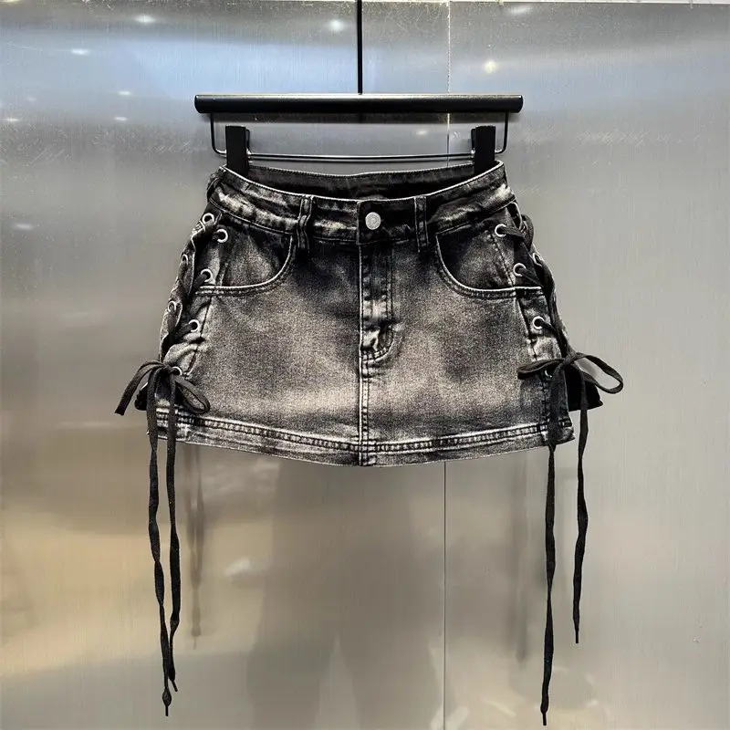 Design Sense Straps Spice Girl Hip Skirt Women 2026 Summer Retro High Street Leopard Print Denim Skirt