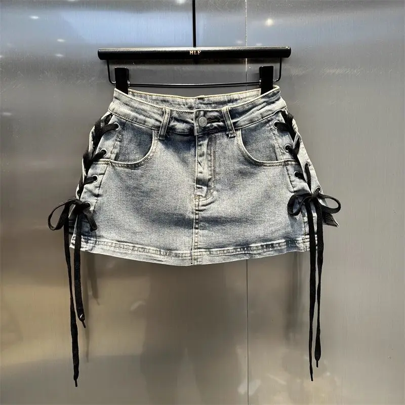 Design Sense Straps Spice Girl Hip Skirt Women 2026 Summer Retro High Street Leopard Print Denim Skirt