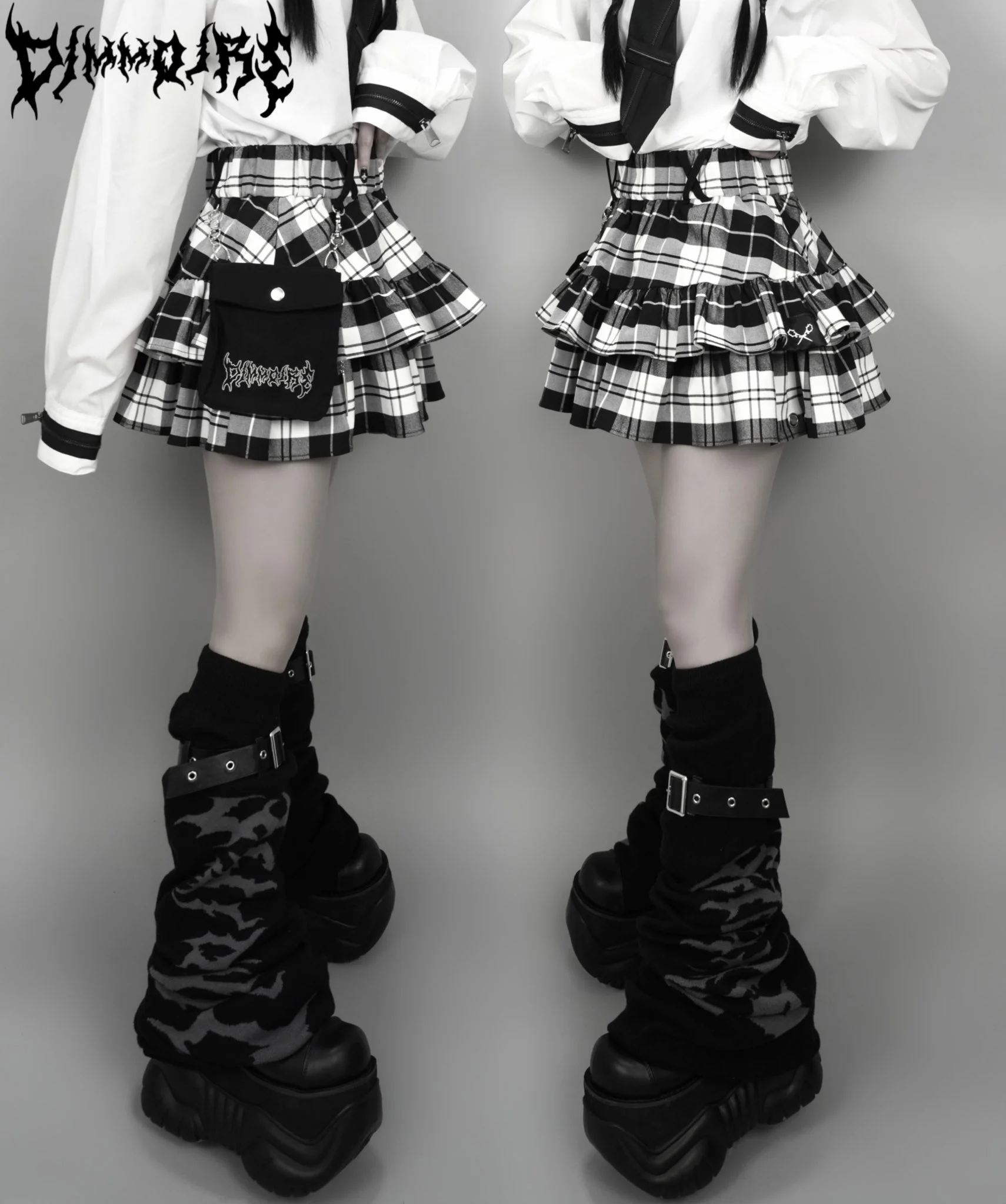 Japanese Harajuku Punk College Style Plaid Cake Ultra Short Skirt Subculture Y2k Girl Autumn High Waist Mini Skirt with Waistbag