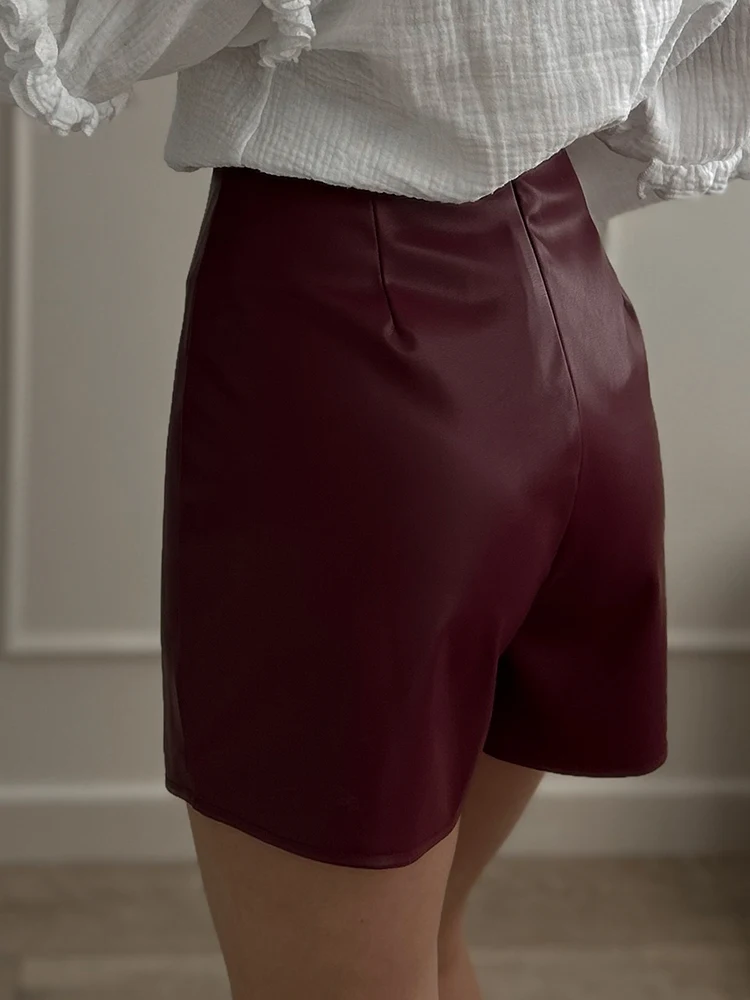 Women PU Mini Skirts With Shorts Black Asymmetric Skort For Women Irregular Short Skirts Spring Faux Leather Skorts Brown Ladies