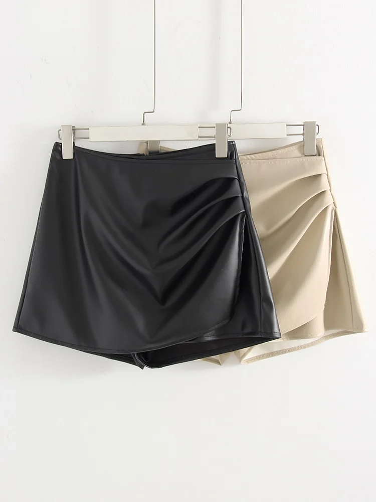 Women PU Mini Skirts With Shorts Black Asymmetric Skort For Women Irregular Short Skirts Spring Faux Leather Skorts Brown Ladies