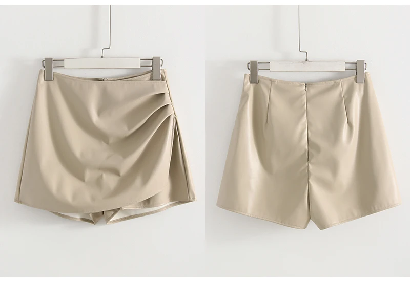 Women PU Mini Skirts With Shorts Black Asymmetric Skort For Women Irregular Short Skirts Spring Faux Leather Skorts Brown Ladies
