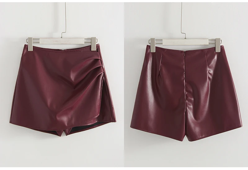 Women PU Mini Skirts With Shorts Black Asymmetric Skort For Women Irregular Short Skirts Spring Faux Leather Skorts Brown Ladies