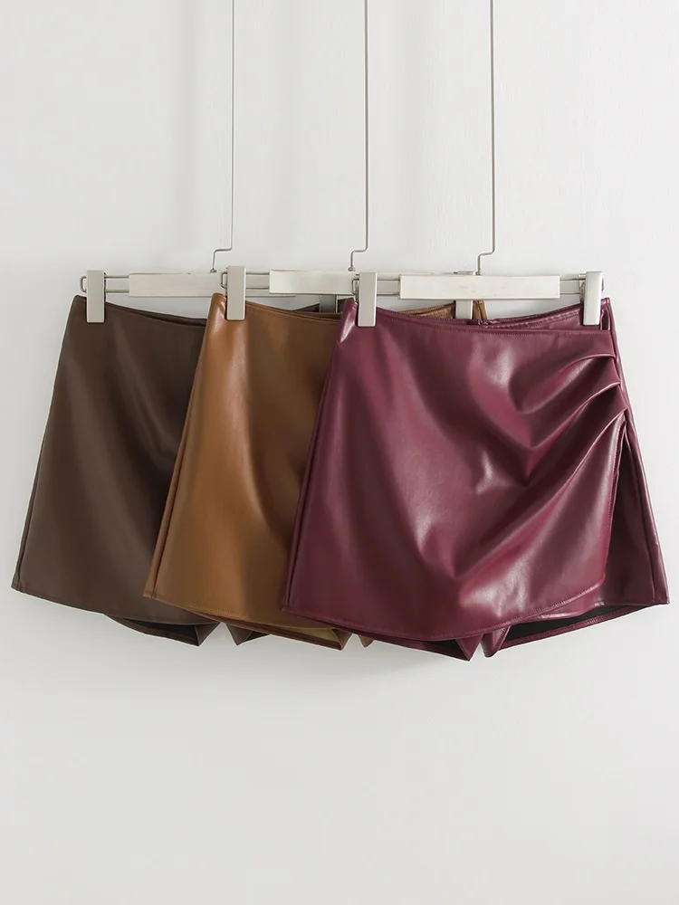 Women PU Mini Skirts With Shorts Black Asymmetric Skort For Women Irregular Short Skirts Spring Faux Leather Skorts Brown Ladies