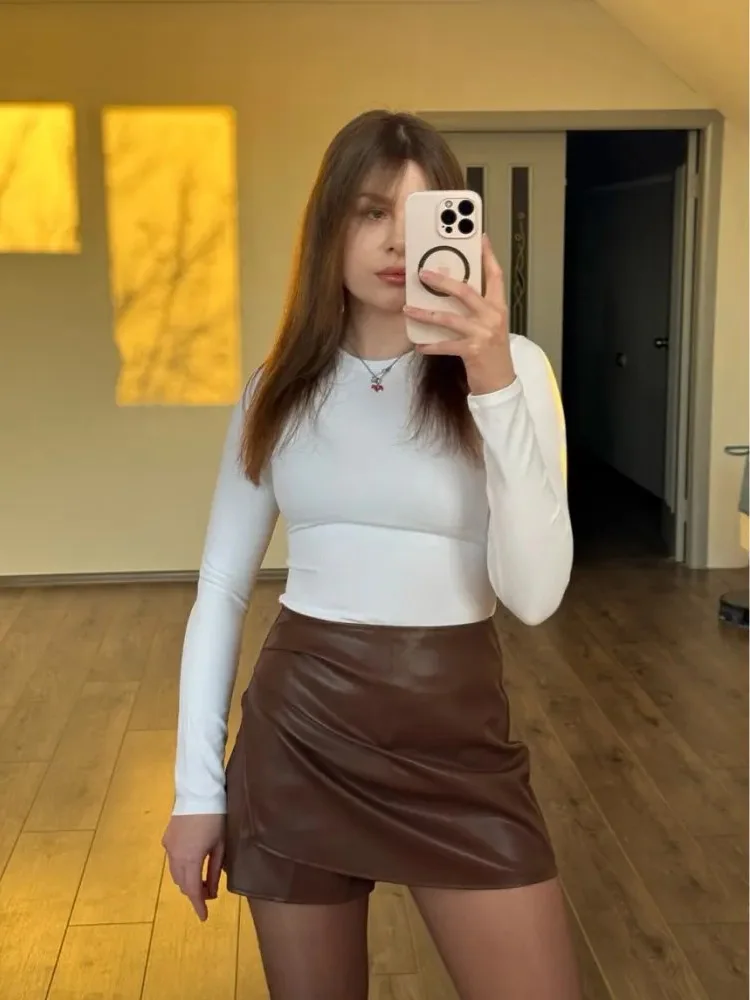 Women PU Mini Skirts With Shorts Black Asymmetric Skort For Women Irregular Short Skirts Spring Faux Leather Skorts Brown Ladies