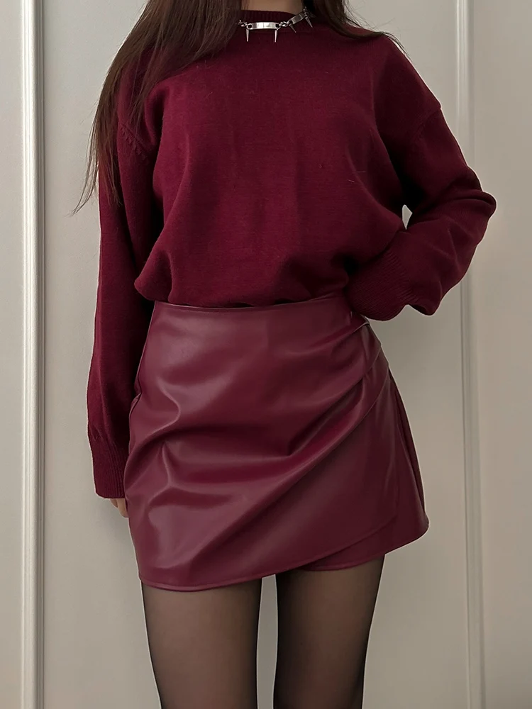 Women PU Mini Skirts With Shorts Black Asymmetric Skort For Women Irregular Short Skirts Spring Faux Leather Skorts Brown Ladies