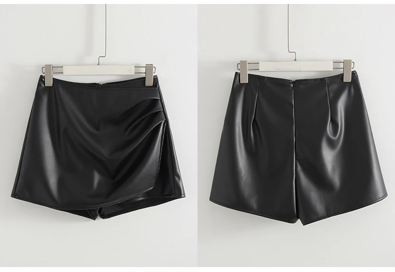 Women PU Mini Skirts With Shorts Black Asymmetric Skort For Women Irregular Short Skirts Spring Faux Leather Skorts Brown Ladies