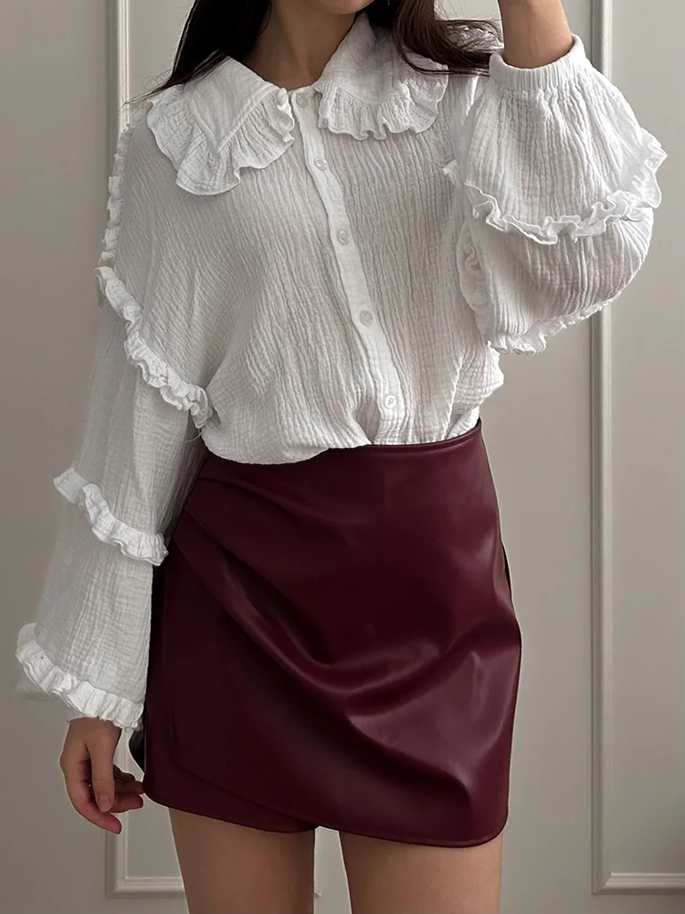Women PU Mini Skirts With Shorts Black Asymmetric Skort For Women Irregular Short Skirts Spring Faux Leather Skorts Brown Ladies