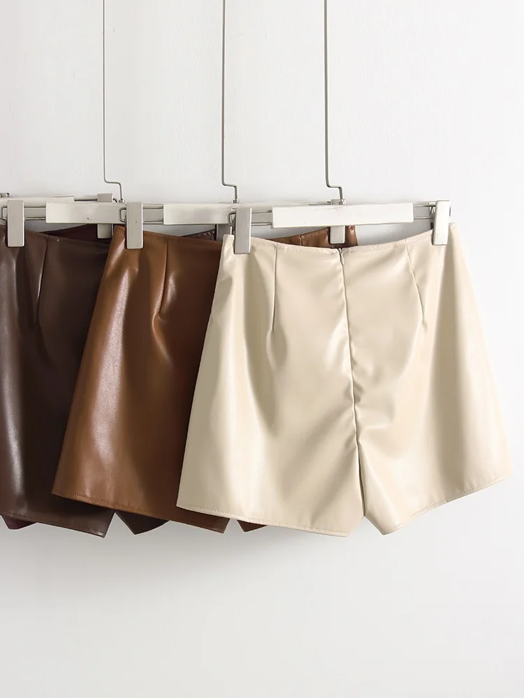 Women PU Mini Skirts With Shorts Black Asymmetric Skort For Women Irregular Short Skirts Spring Faux Leather Skorts Brown Ladies