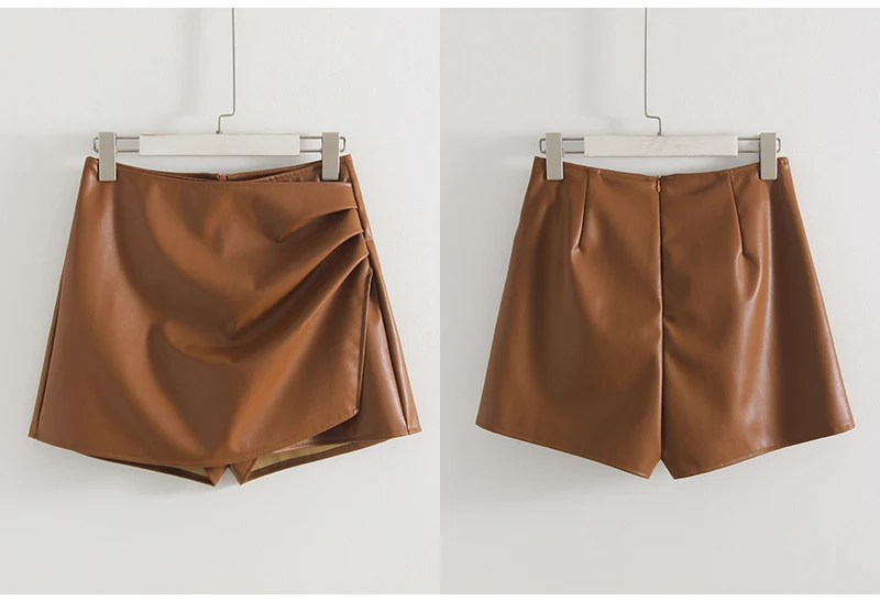 Women PU Mini Skirts With Shorts Black Asymmetric Skort For Women Irregular Short Skirts Spring Faux Leather Skorts Brown Ladies