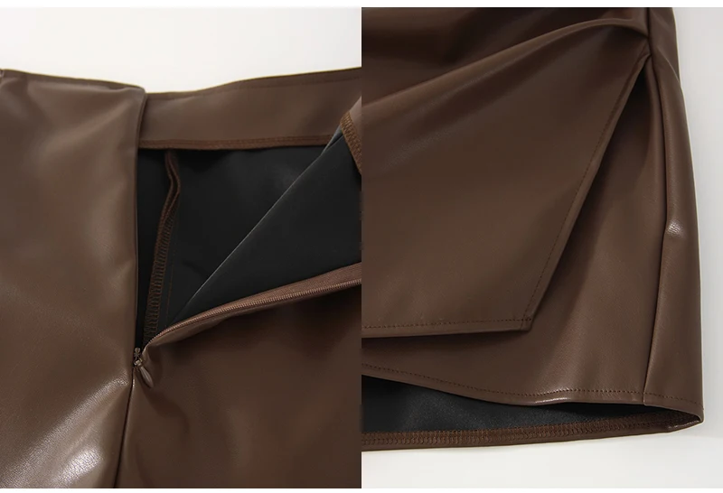 Women PU Mini Skirts With Shorts Black Asymmetric Skort For Women Irregular Short Skirts Spring Faux Leather Skorts Brown Ladies