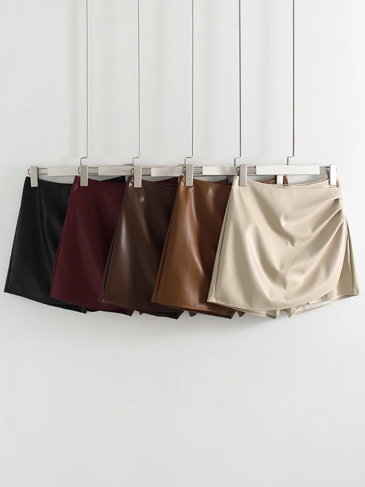 Women PU Mini Skirts With Shorts Black Asymmetric Skort For Women Irregular Short Skirts Spring Faux Leather Skorts Brown Ladies