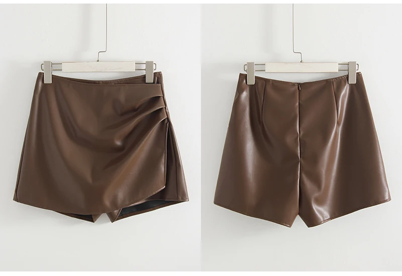 Women PU Mini Skirts With Shorts Black Asymmetric Skort For Women Irregular Short Skirts Spring Faux Leather Skorts Brown Ladies