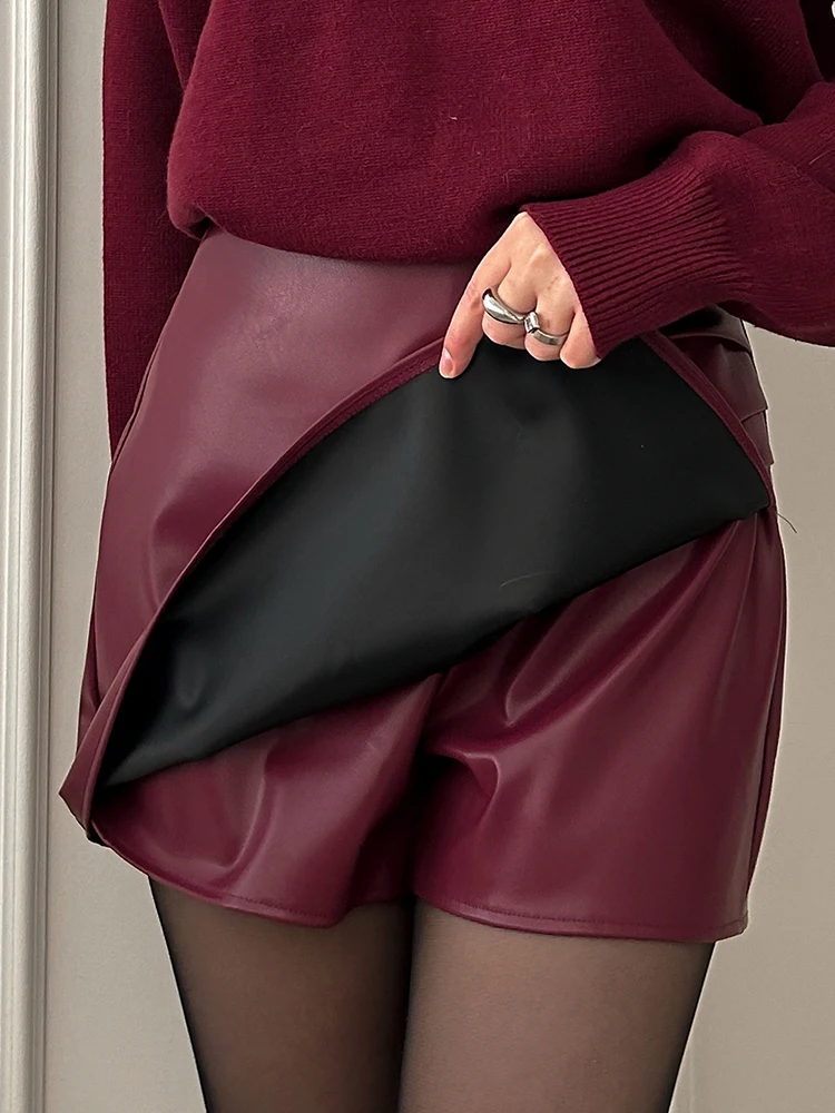 Women PU Mini Skirts With Shorts Black Asymmetric Skort For Women Irregular Short Skirts Spring Faux Leather Skorts Brown Ladies