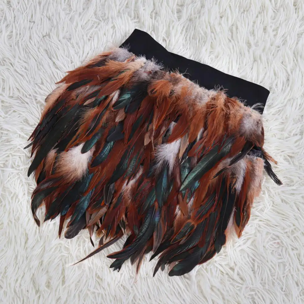 Womens Faux Feather Mini Skirt Elastic Mid Waist A-line Skirt Ladies Mardi Gras Outfit Festivals Carnival Dance Party Supplies