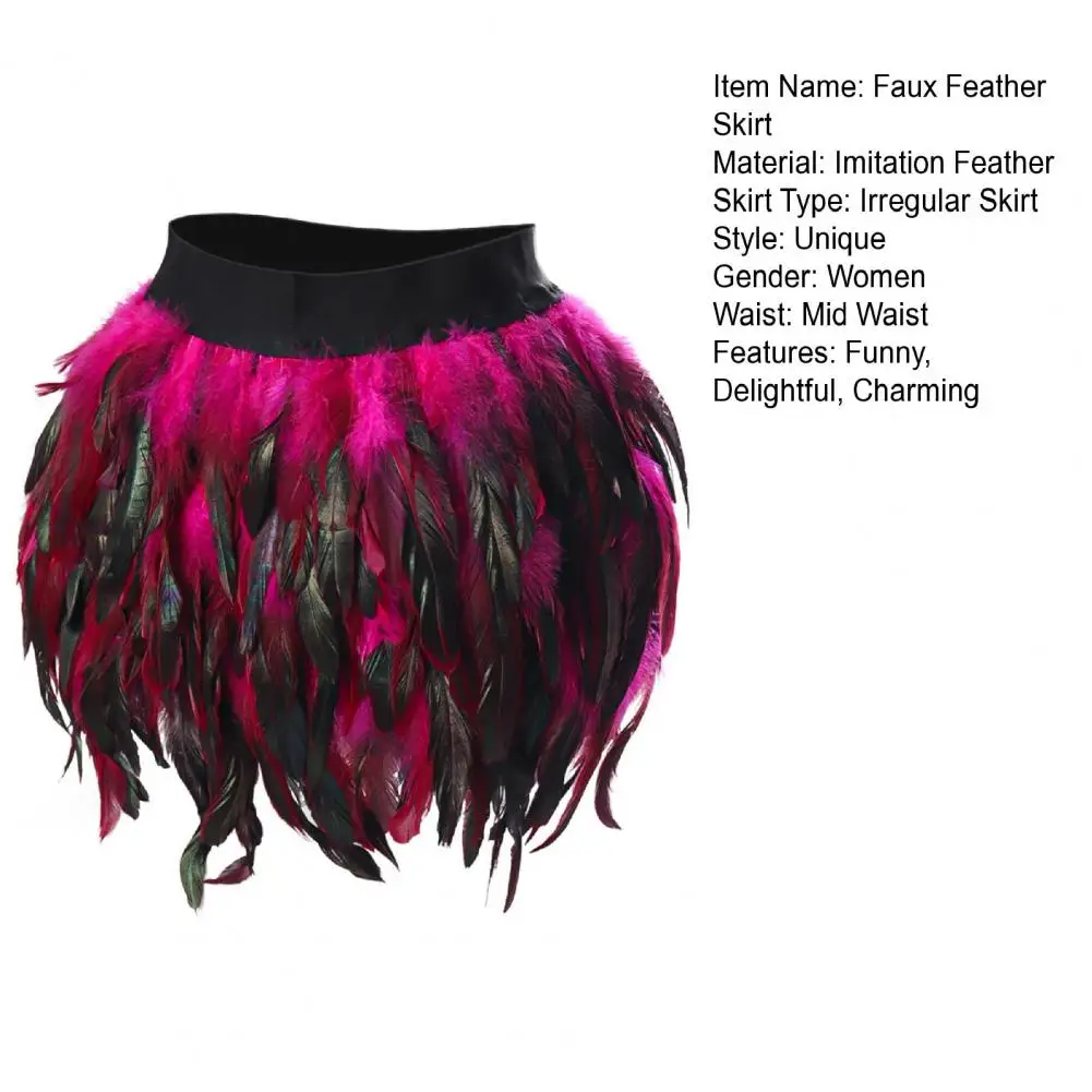 Womens Faux Feather Mini Skirt Elastic Mid Waist A-line Skirt Ladies Mardi Gras Outfit Festivals Carnival Dance Party Supplies