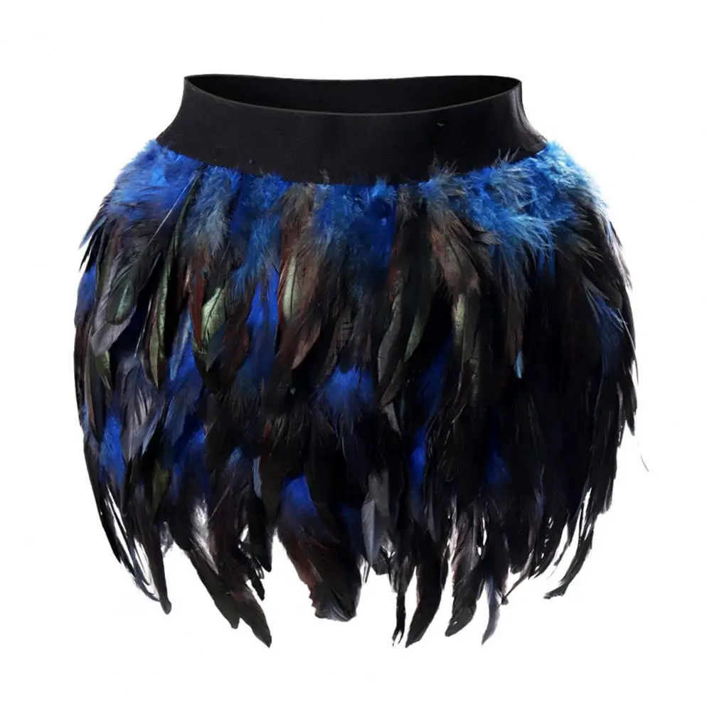 Womens Faux Feather Mini Skirt Elastic Mid Waist A-line Skirt Ladies Mardi Gras Outfit Festivals Carnival Dance Party Supplies