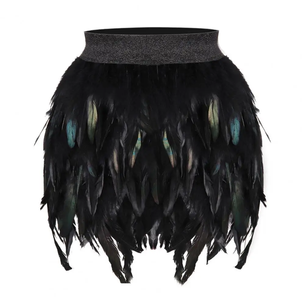 Womens Faux Feather Mini Skirt Elastic Mid Waist A-line Skirt Ladies Mardi Gras Outfit Festivals Carnival Dance Party Supplies