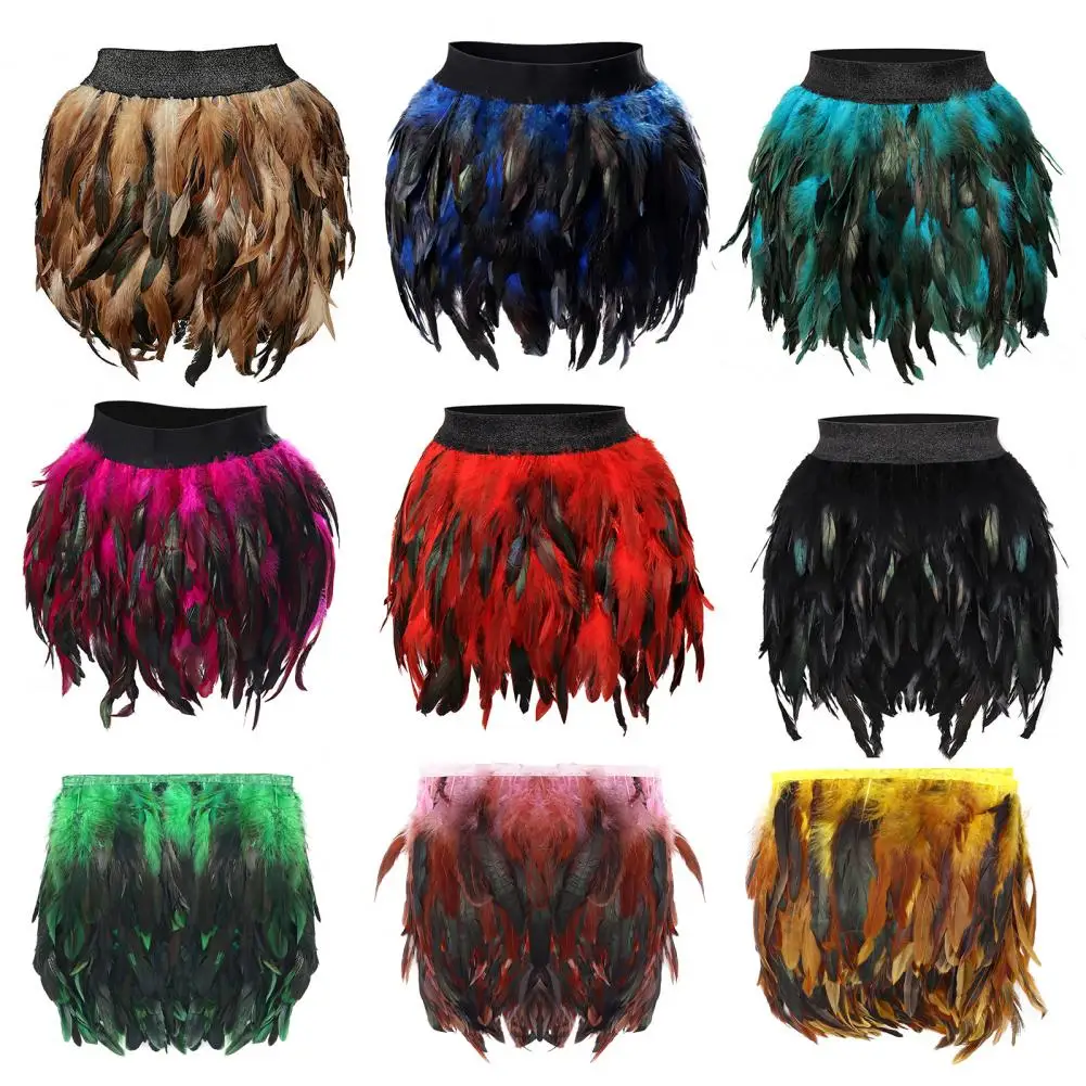 Womens Faux Feather Mini Skirt Elastic Mid Waist A-line Skirt Ladies Mardi Gras Outfit Festivals Carnival Dance Party Supplies