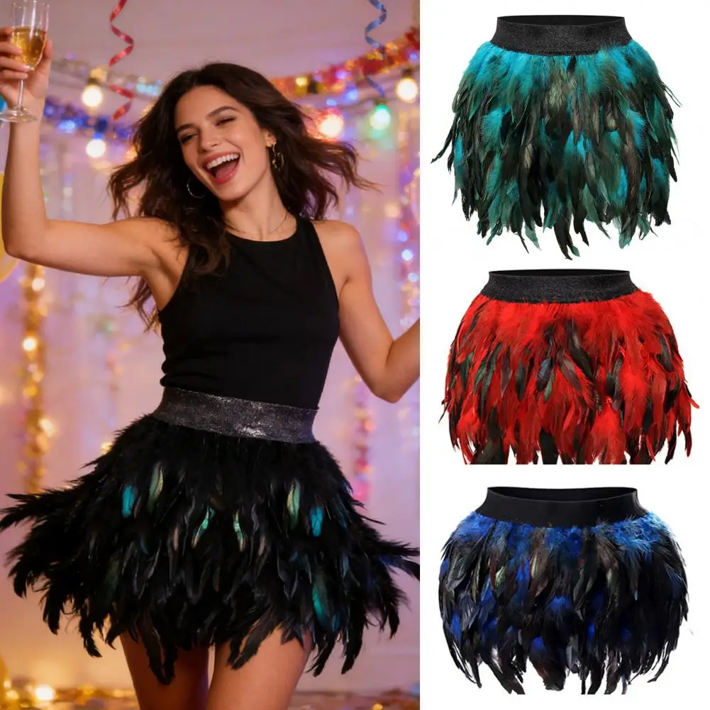 Womens Faux Feather Mini Skirt Elastic Mid Waist A-line Skirt Ladies Mardi Gras Outfit Festivals Carnival Dance Party Supplies