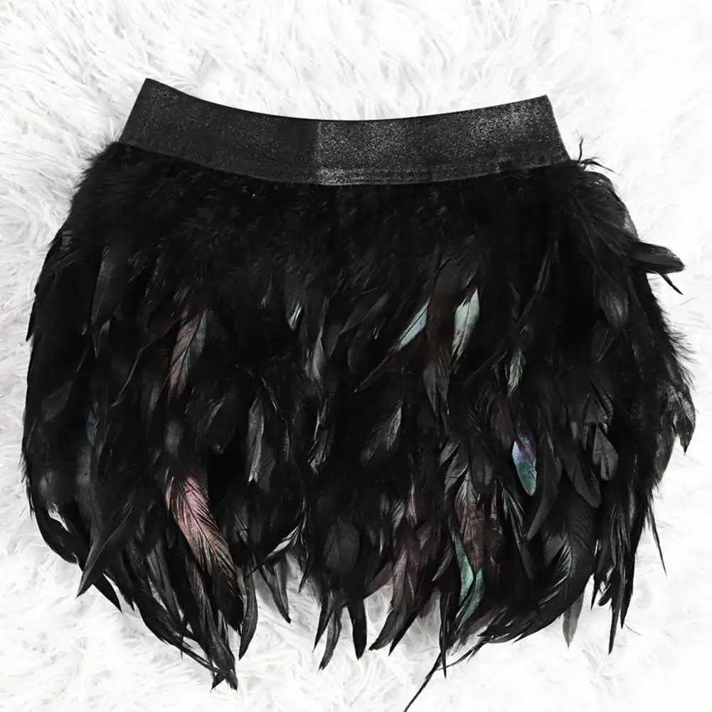 Womens Faux Feather Mini Skirt Elastic Mid Waist A-line Skirt Ladies Mardi Gras Outfit Festivals Carnival Dance Party Supplies