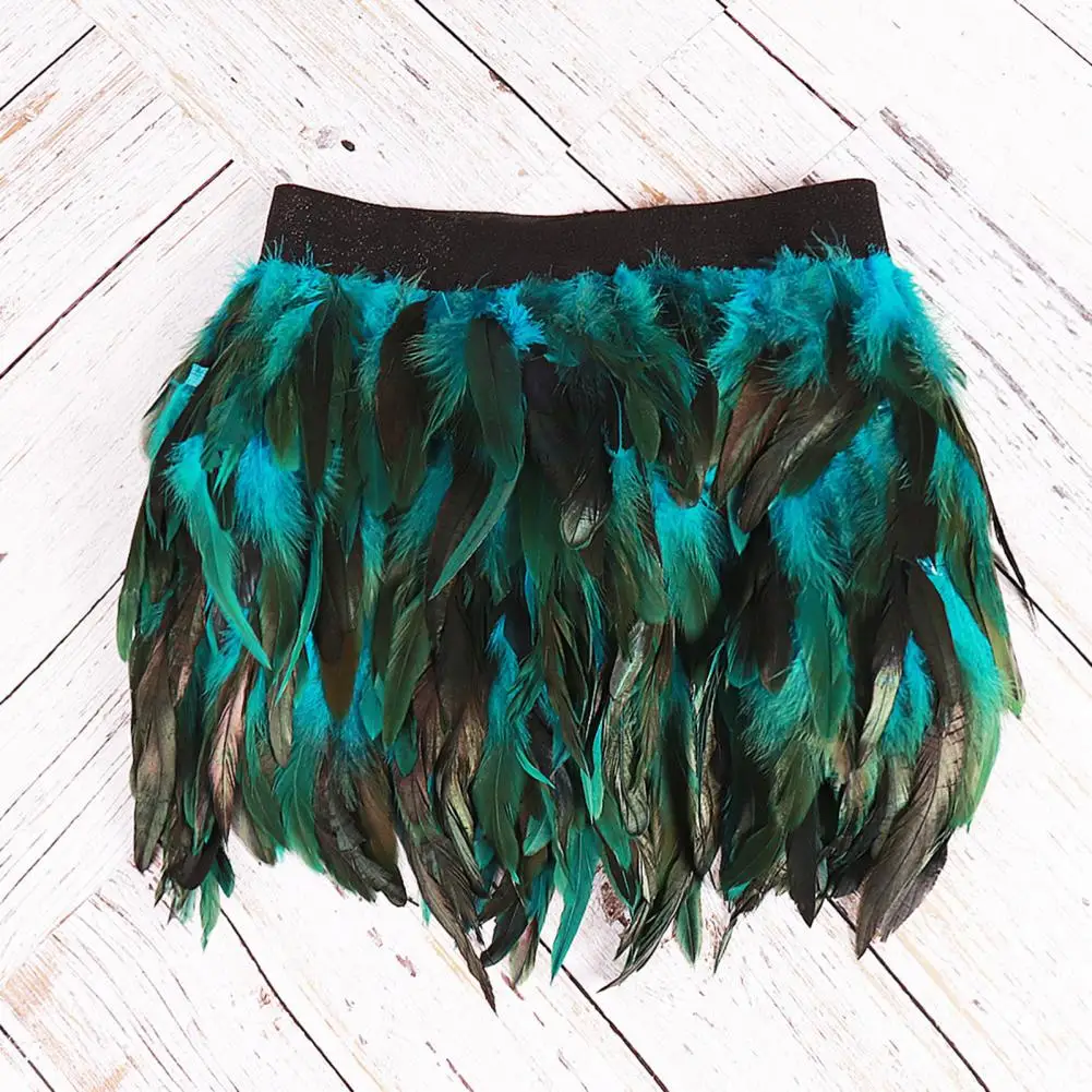 Womens Faux Feather Mini Skirt Elastic Mid Waist A-line Skirt Ladies Mardi Gras Outfit Festivals Carnival Dance Party Supplies