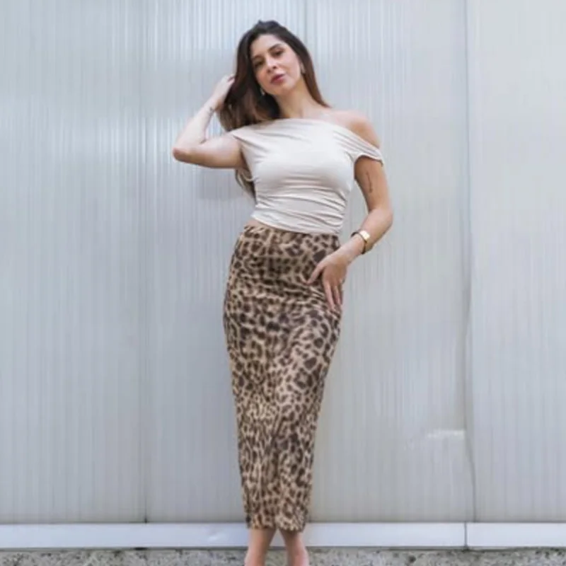 HXAO Tulle Leopard Skirts For Women Vintage Summer Long Skirt Woman Print Elegant Women's Skirts High Waist Sexy Skirts 088