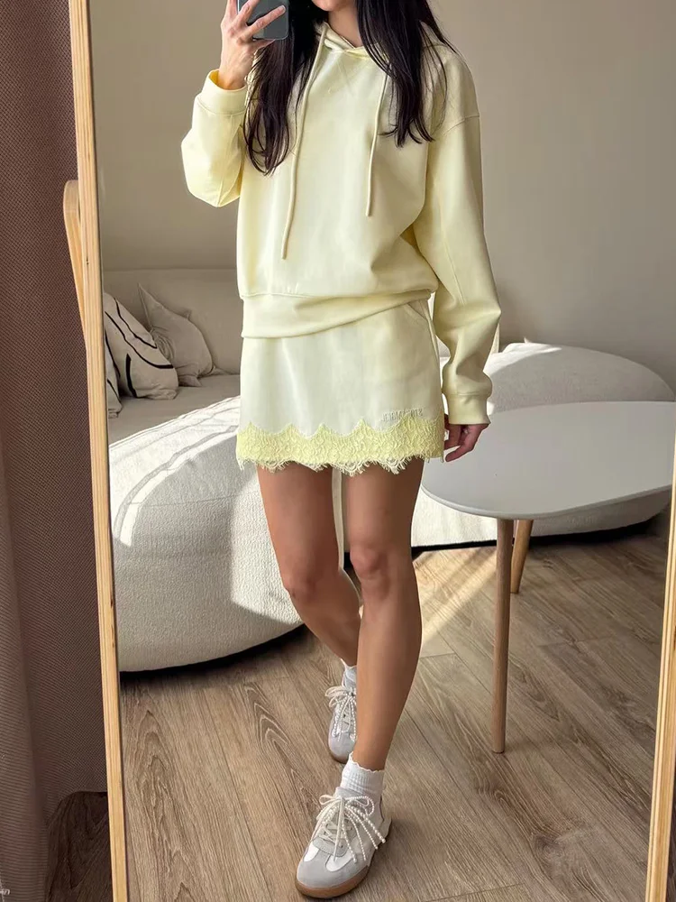 Streamgirl Lace Mini Skirts Women Elegant Brown A Line Skirt With Pockets Stretch Waist Short Yellow Skirt Mini Lace For Women