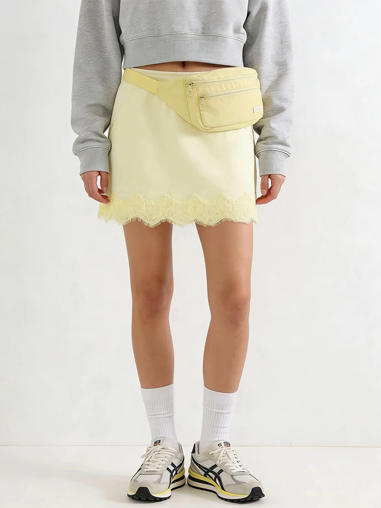 Streamgirl Lace Mini Skirts Women Elegant Brown A Line Skirt With Pockets Stretch Waist Short Yellow Skirt Mini Lace For Women
