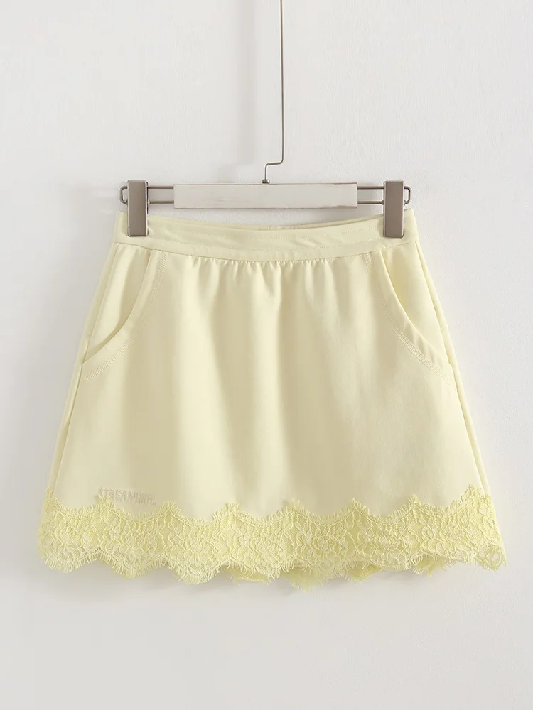 Streamgirl Lace Mini Skirts Women Elegant Brown A Line Skirt With Pockets Stretch Waist Short Yellow Skirt Mini Lace For Women
