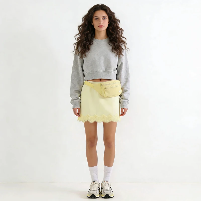 Streamgirl Lace Mini Skirts Women Elegant Brown A Line Skirt With Pockets Stretch Waist Short Yellow Skirt Mini Lace For Women