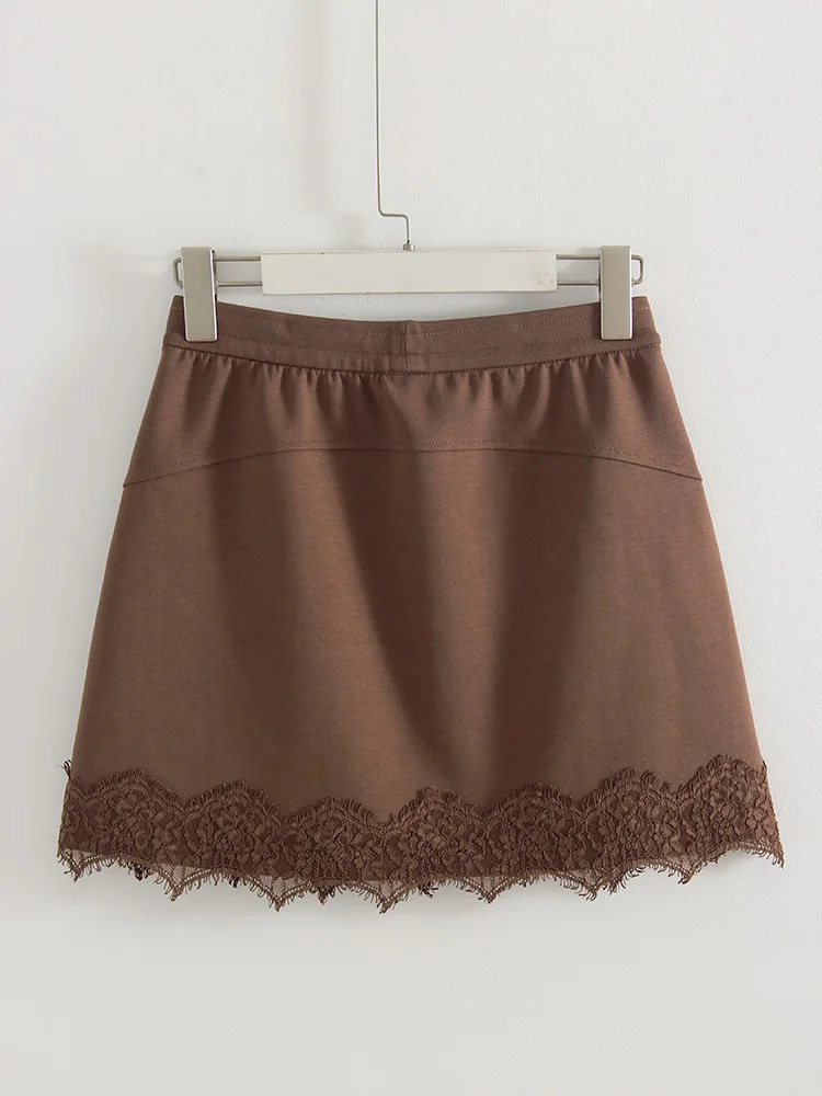 Streamgirl Lace Mini Skirts Women Elegant Brown A Line Skirt With Pockets Stretch Waist Short Yellow Skirt Mini Lace For Women