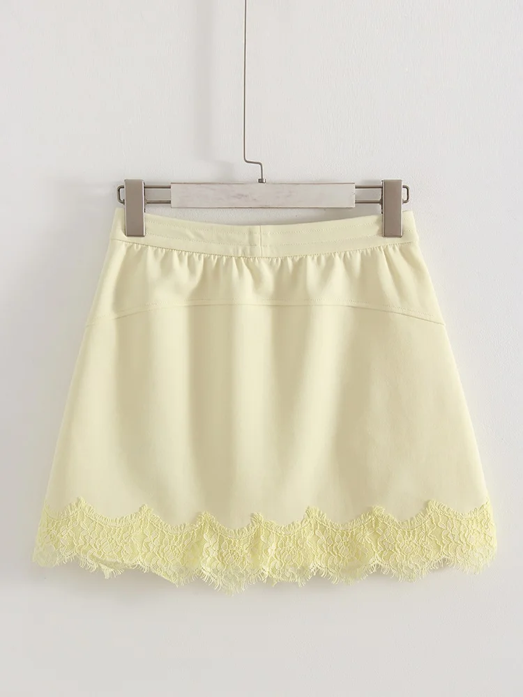 Streamgirl Lace Mini Skirts Women Elegant Brown A Line Skirt With Pockets Stretch Waist Short Yellow Skirt Mini Lace For Women