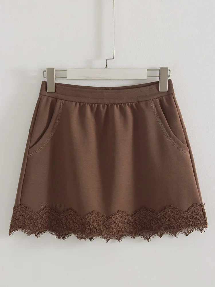 Streamgirl Lace Mini Skirts Women Elegant Brown A Line Skirt With Pockets Stretch Waist Short Yellow Skirt Mini Lace For Women