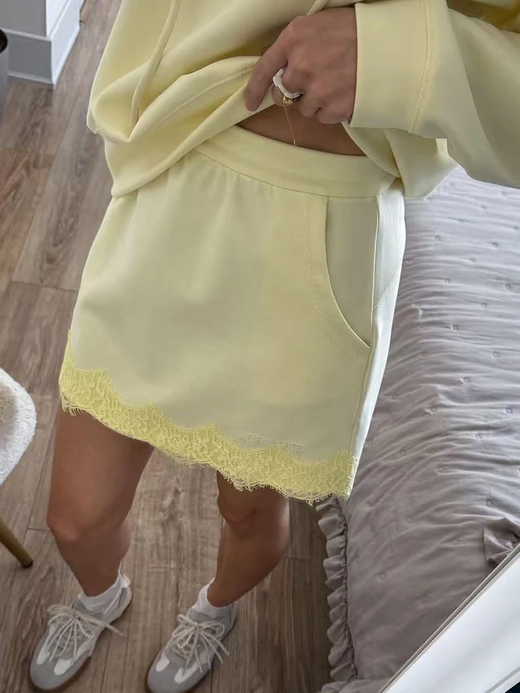 Streamgirl Lace Mini Skirts Women Elegant Brown A Line Skirt With Pockets Stretch Waist Short Yellow Skirt Mini Lace For Women