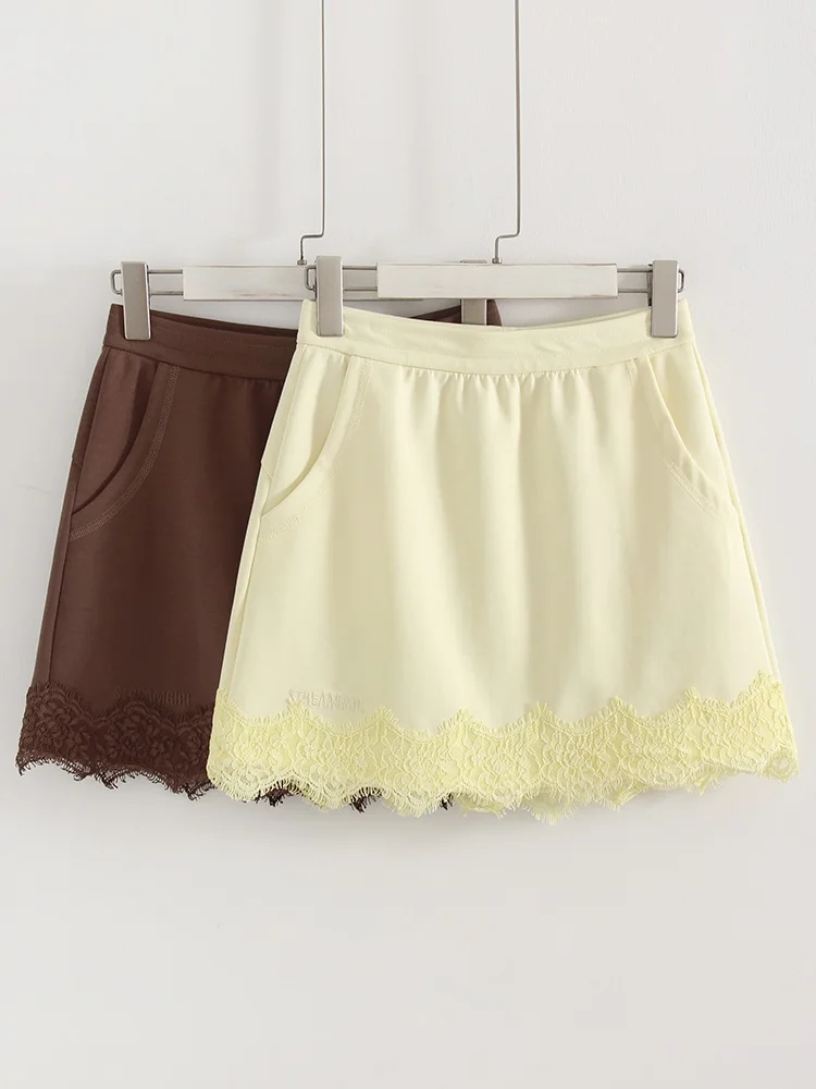 Streamgirl Lace Mini Skirts Women Elegant Brown A Line Skirt With Pockets Stretch Waist Short Yellow Skirt Mini Lace For Women