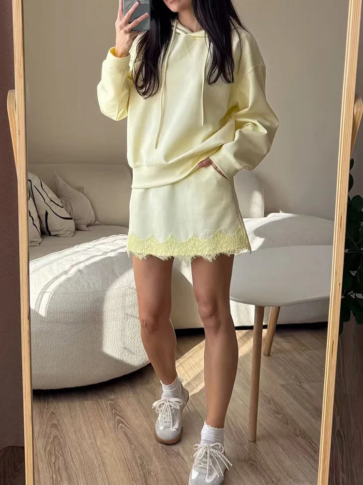 Streamgirl Lace Mini Skirts Women Elegant Brown A Line Skirt With Pockets Stretch Waist Short Yellow Skirt Mini Lace For Women